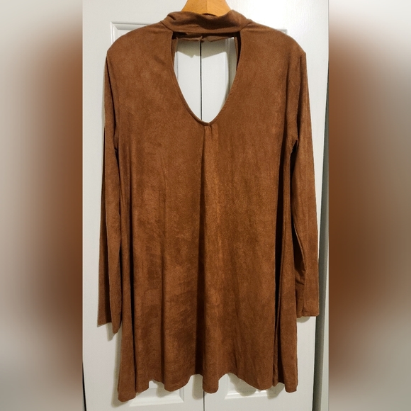 Camel Color Faux Suede Cutout Choker-Neck Style Mini Dress - Picture 1 of 6